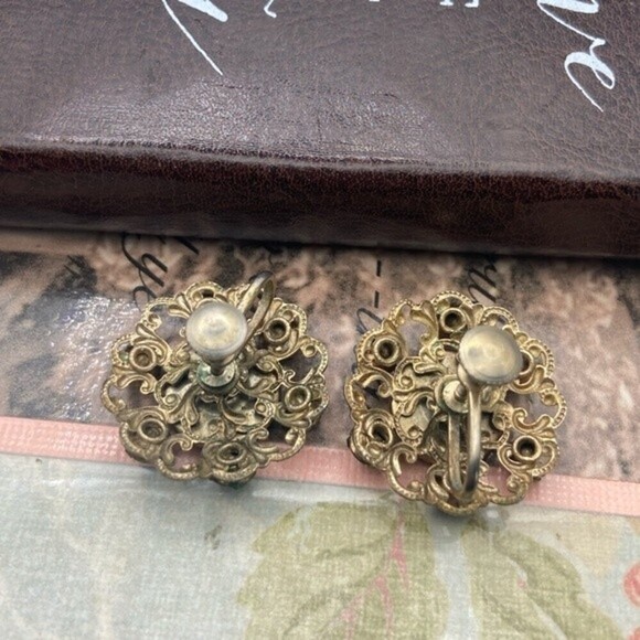 Vintage Guilloche Rose Blue Rhinestone Screwback Earrings 1950s 1960s - Picture 6 of 7